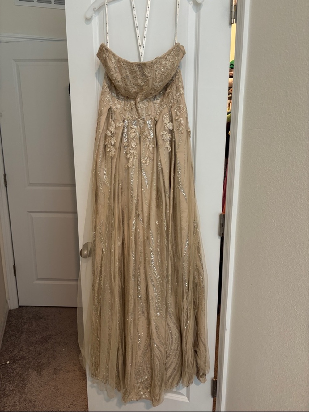 Strapless Gold Prom Dress with Embroidered Lace